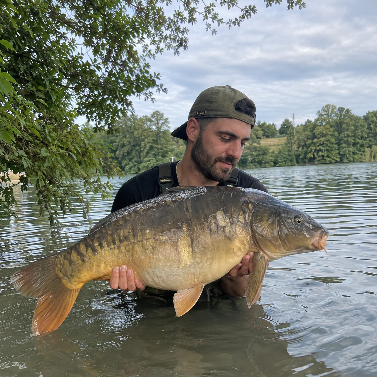 Carpiste dans l'eau tenant une carpe miroir sur un lac collinaire du Gers