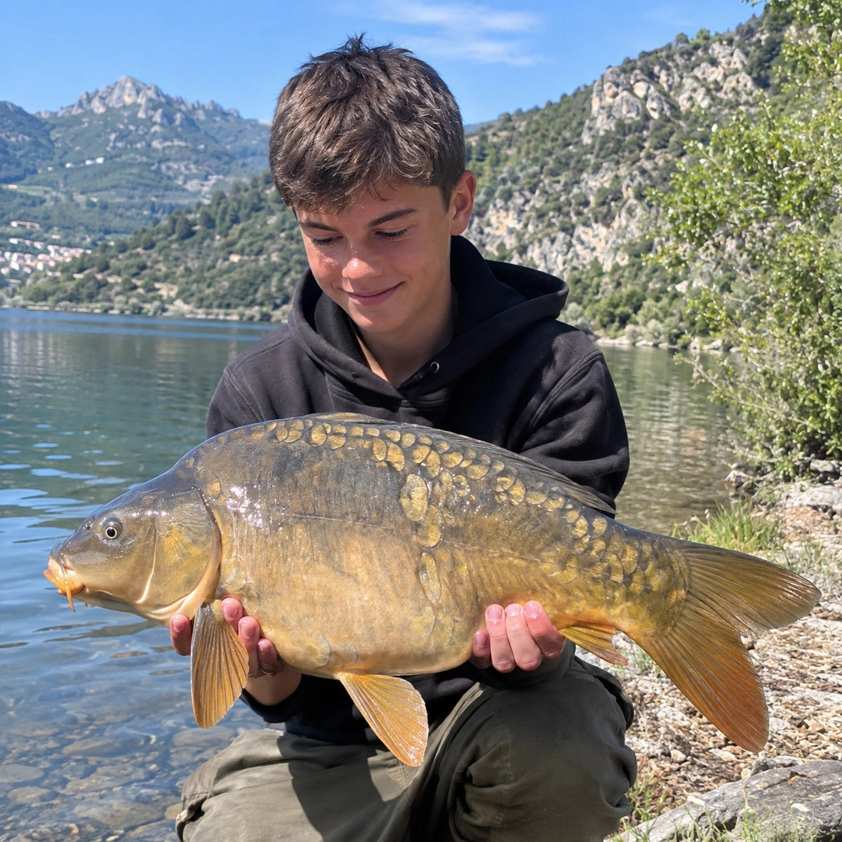 Jeune pêcheur tenant une carpe miroir devant un lac dominé par une crête calcaire et un village de versant
