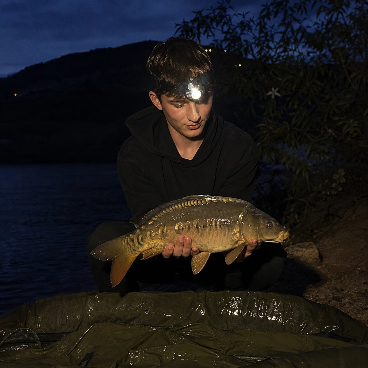 Pêcheur à la lampe frontale tenant une carpe miroir au-dessus d'un tapis de réception, à la tombée de la nuit