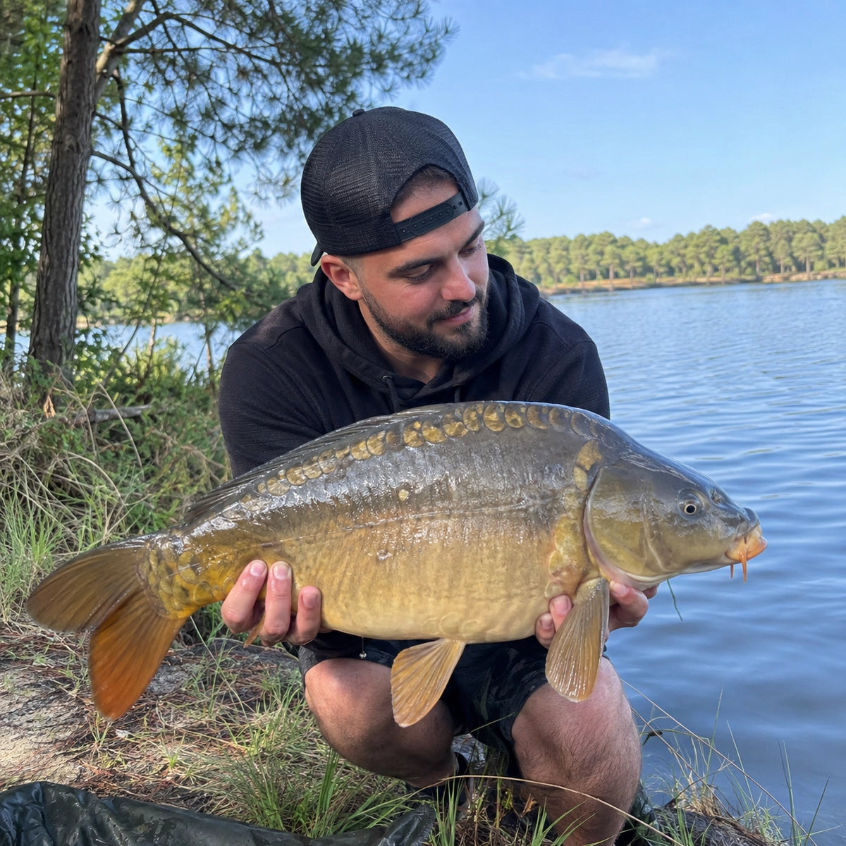 Carpe miroir capturée sur un lac bordé de pins, typique des étangs landais