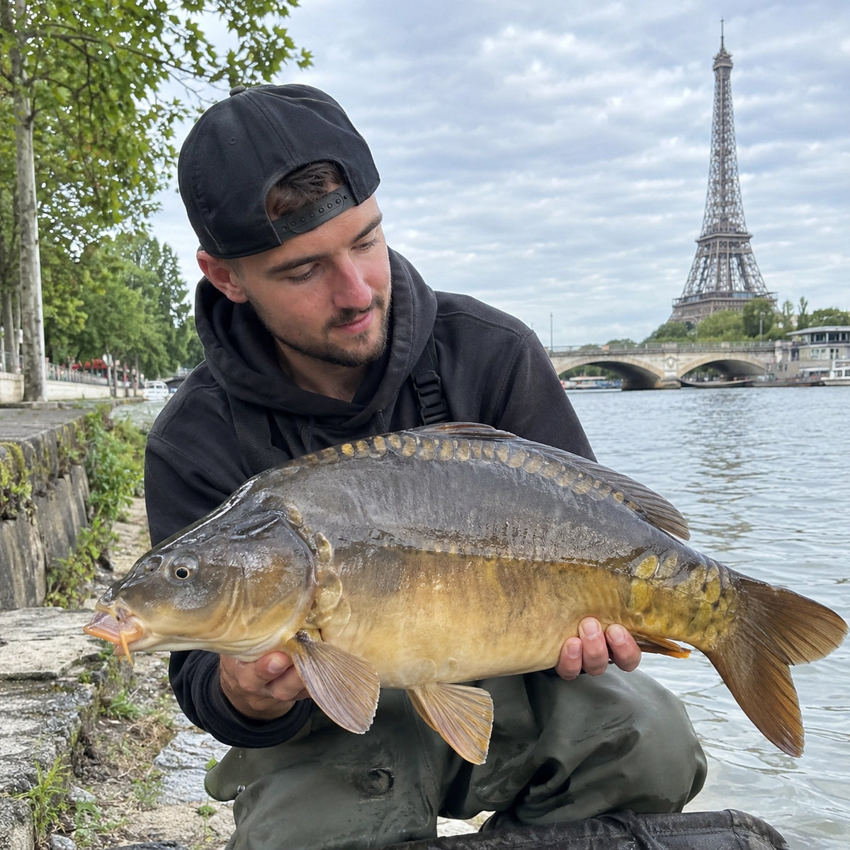 Carpe miroir capturée sur les quais de Seine à Paris, avec la Tour Eiffel en arrière-plan