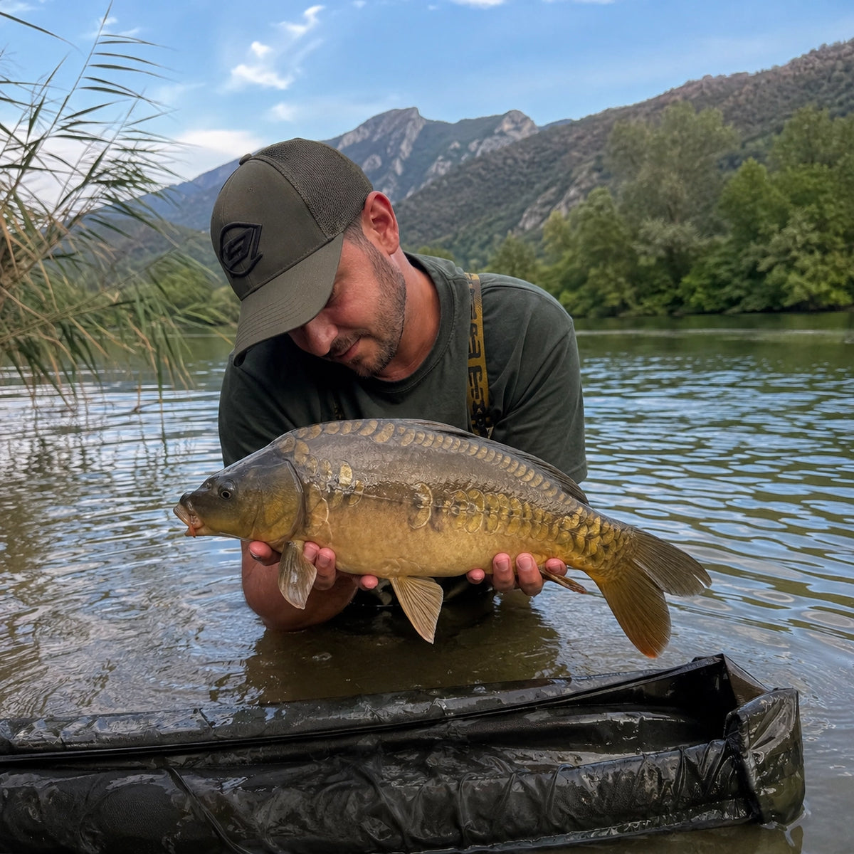 Pêcheur dans l'eau tenant une carpe miroir, tapis de réception au premier plan et montagnes boisées derrière