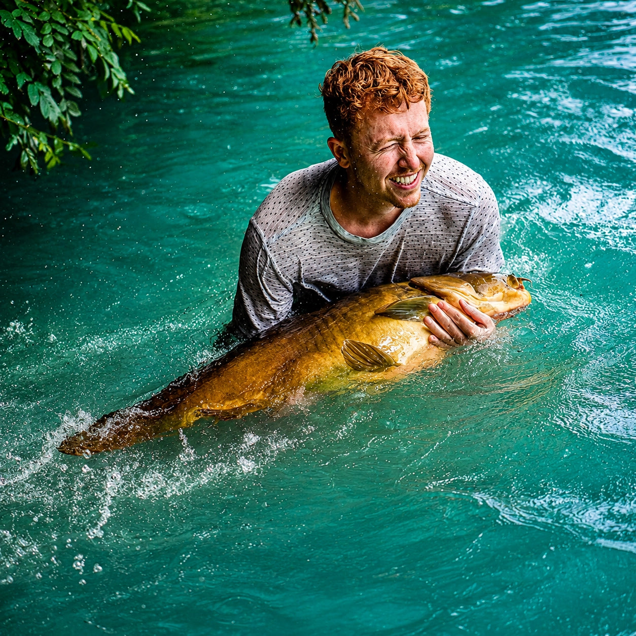 Carpiste dans l'eau tenant une carpe miroir record sur un domaine public