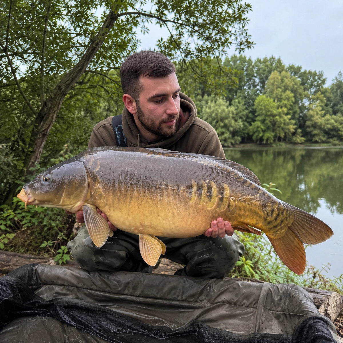 Carpe miroir présentée avant sa remise à l'eau, obligatoire pour toute carpe pêchée dans les Côtes-d'Armor