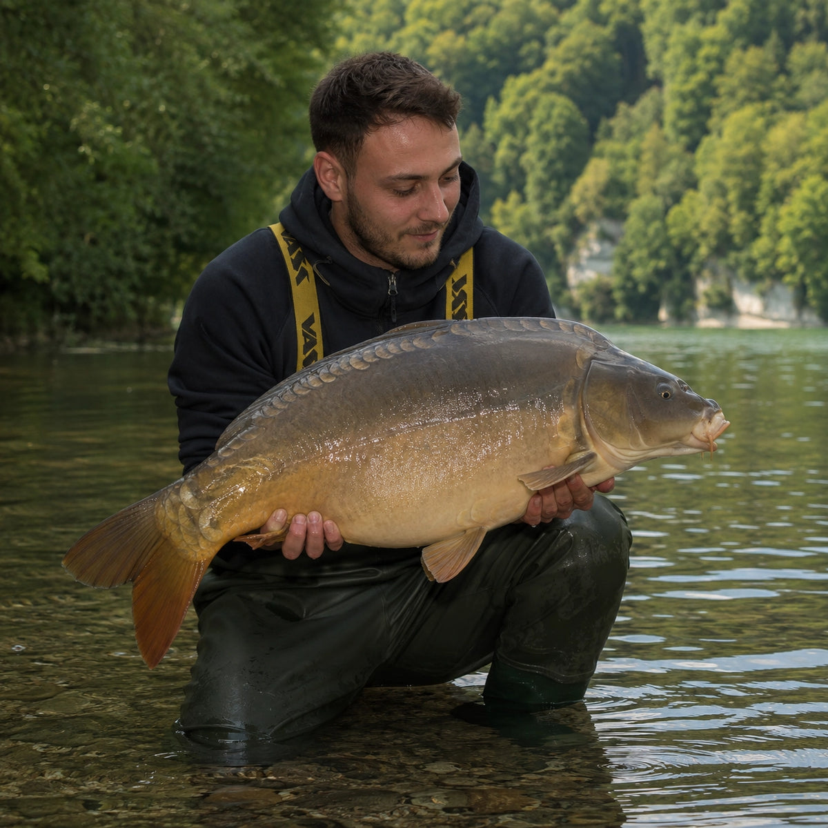 Carpiste tenant une carpe miroir au bord de la rivière Doubs
