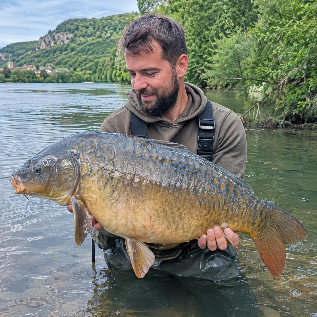 Carpe miroir prise sur un bief de la rivière Lot en Aveyron avec ses herbiers et ses berges encombrées
