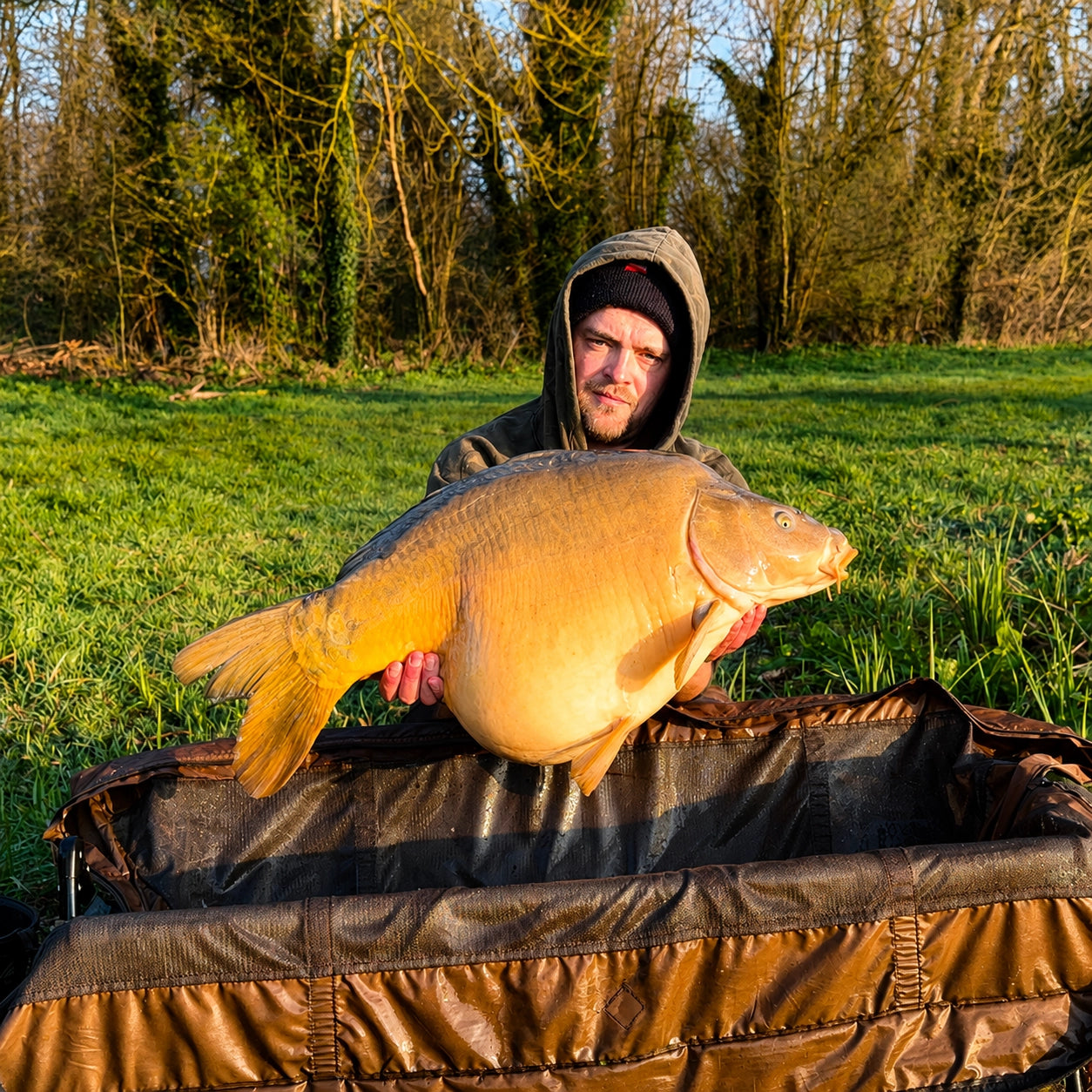 Carpiste tenant une grosse carpe miroir sur tapis de réception lors d'une session de pêche à la carpe en hiver