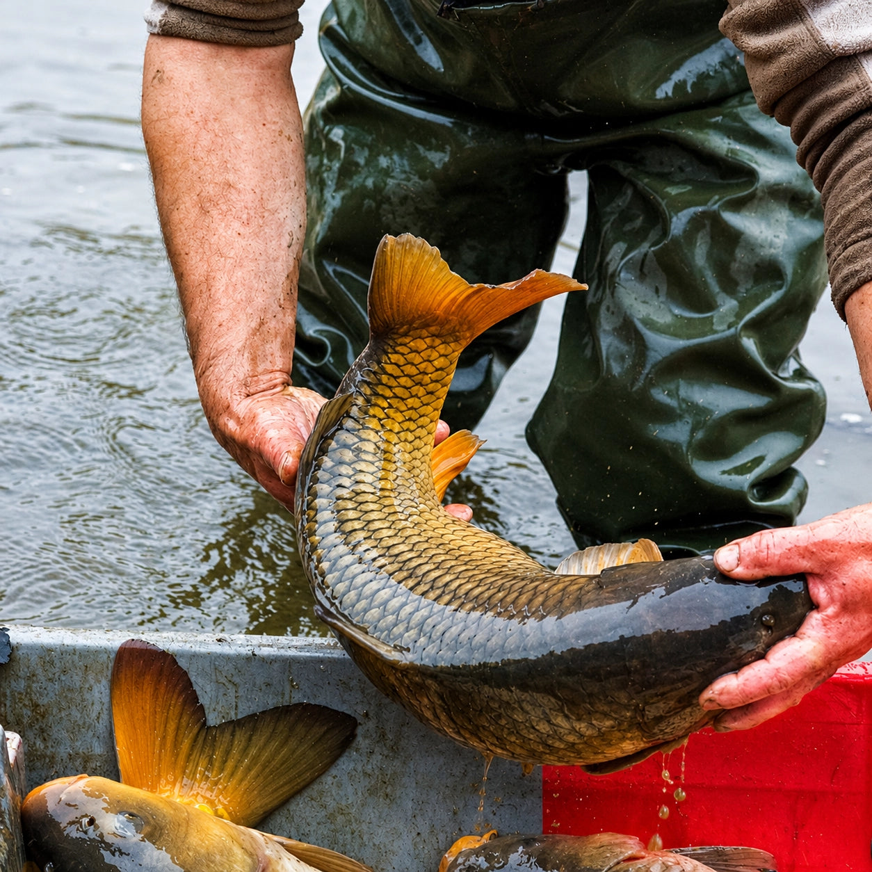 Pisciculteur en waders manipulant une carpe miroir lors du tri pour empoissonnement