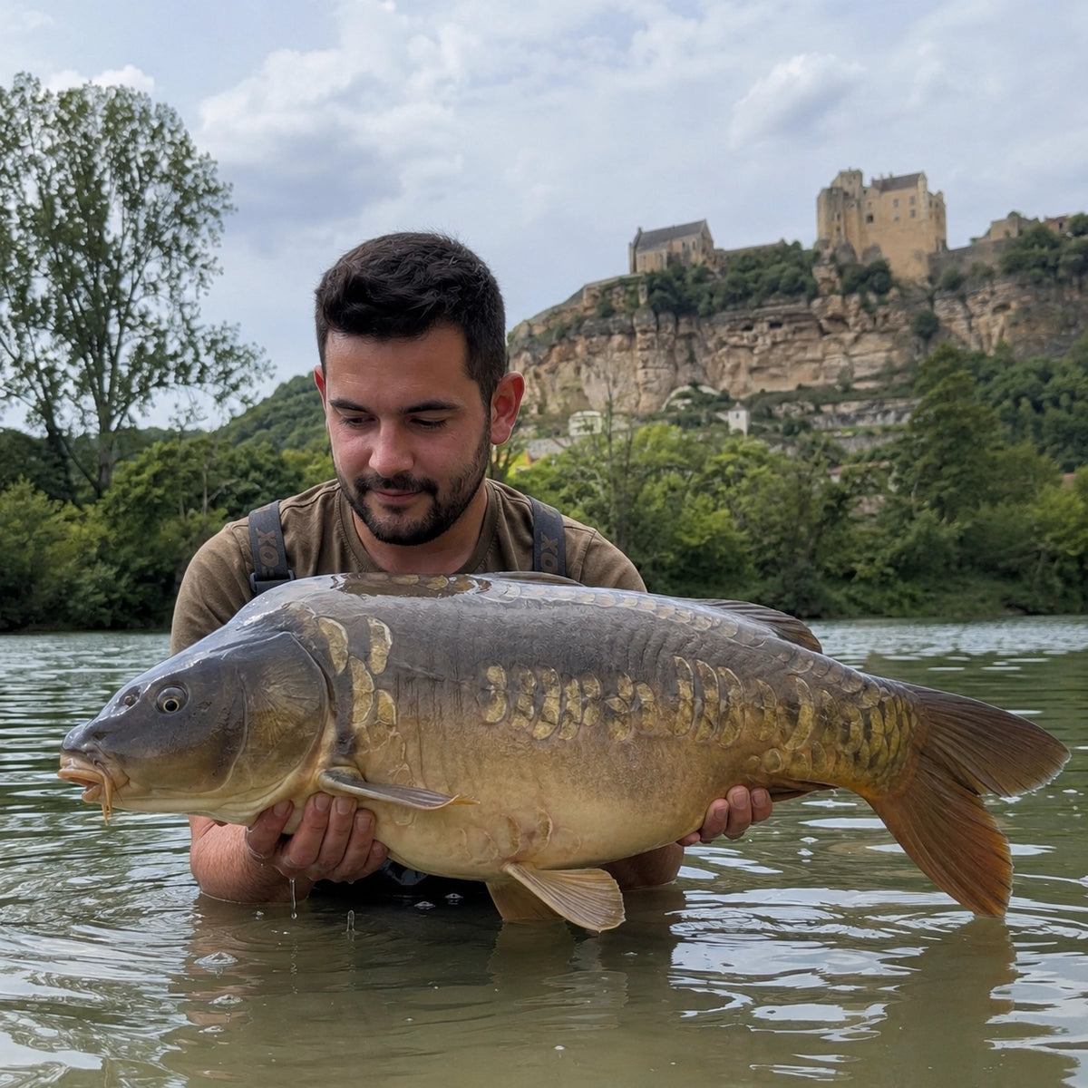 Pêcheur avec une carpe miroir dans la vallée de la Dordogne, château perché en arrière-plan
