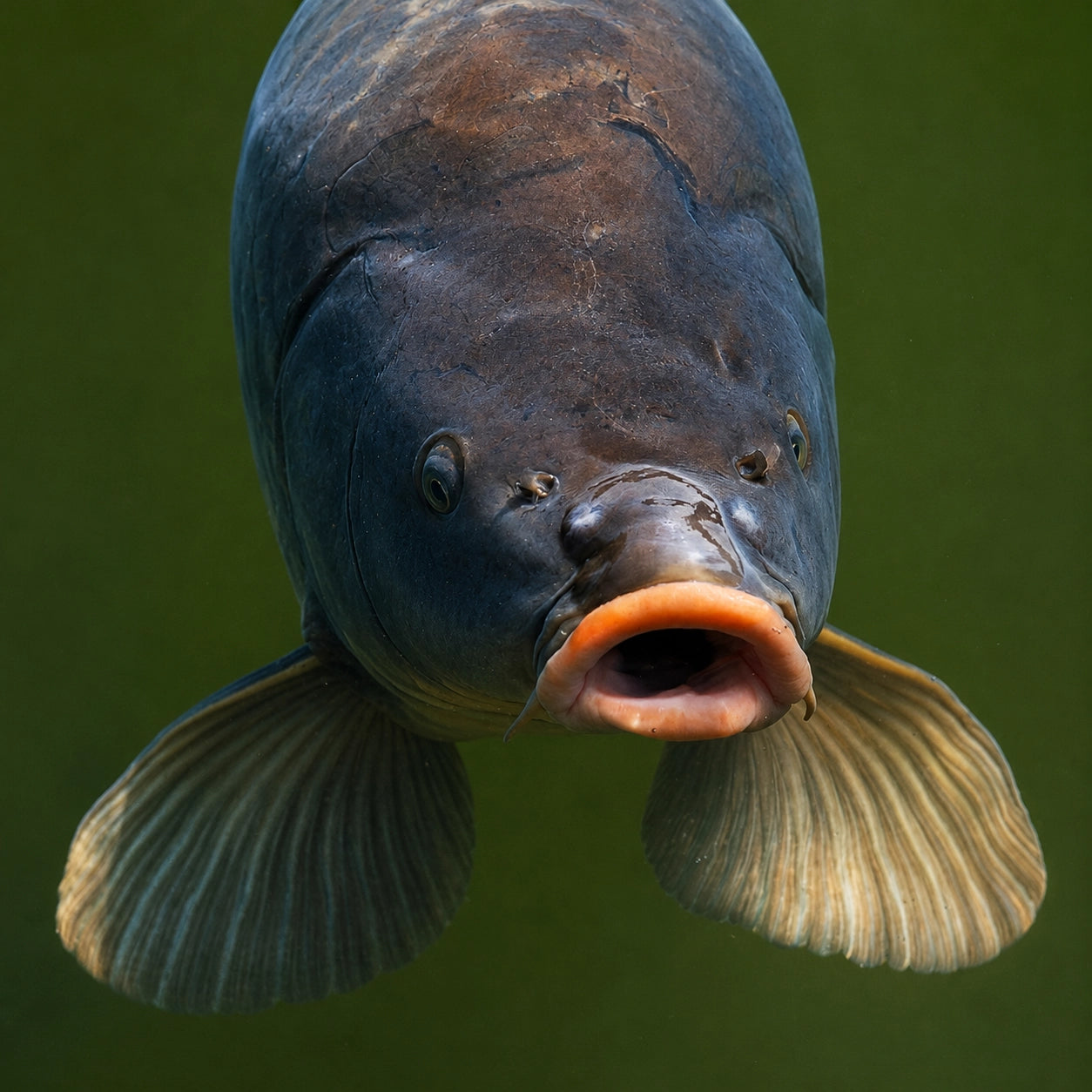 Vue frontale sous l'eau d'une carpe avec nageoires pectorales déployées et bouche ouverte