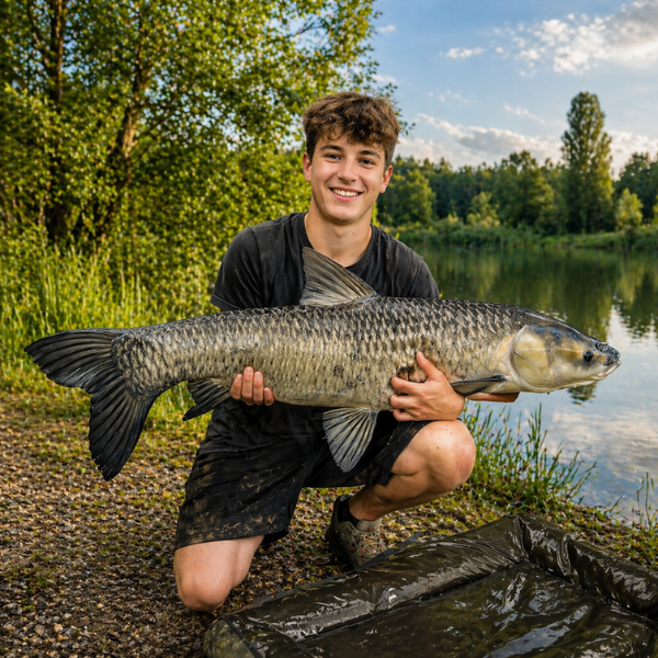 Jeune pêcheur tenant un gros amour noir (Mylopharyngodon piceus) à la robe sombre et aux grandes écailles, capturé en bord d'étang en été