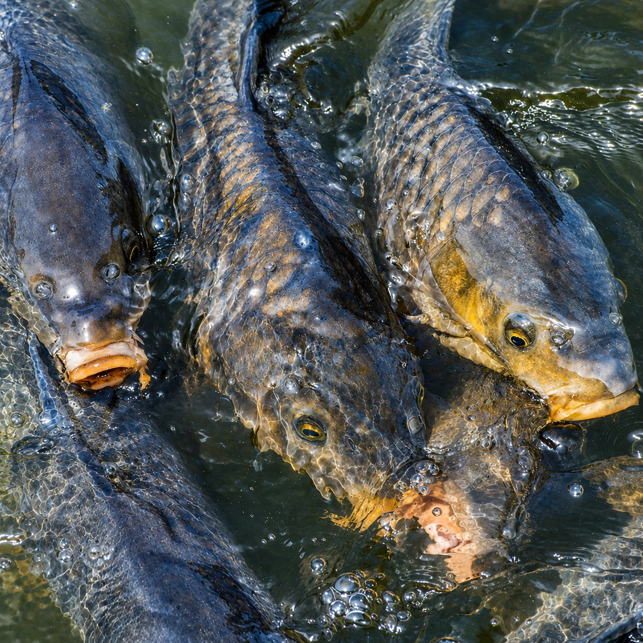 Carpes communes dans un bassin piscicole, ancêtres sauvages de la carpe miroir