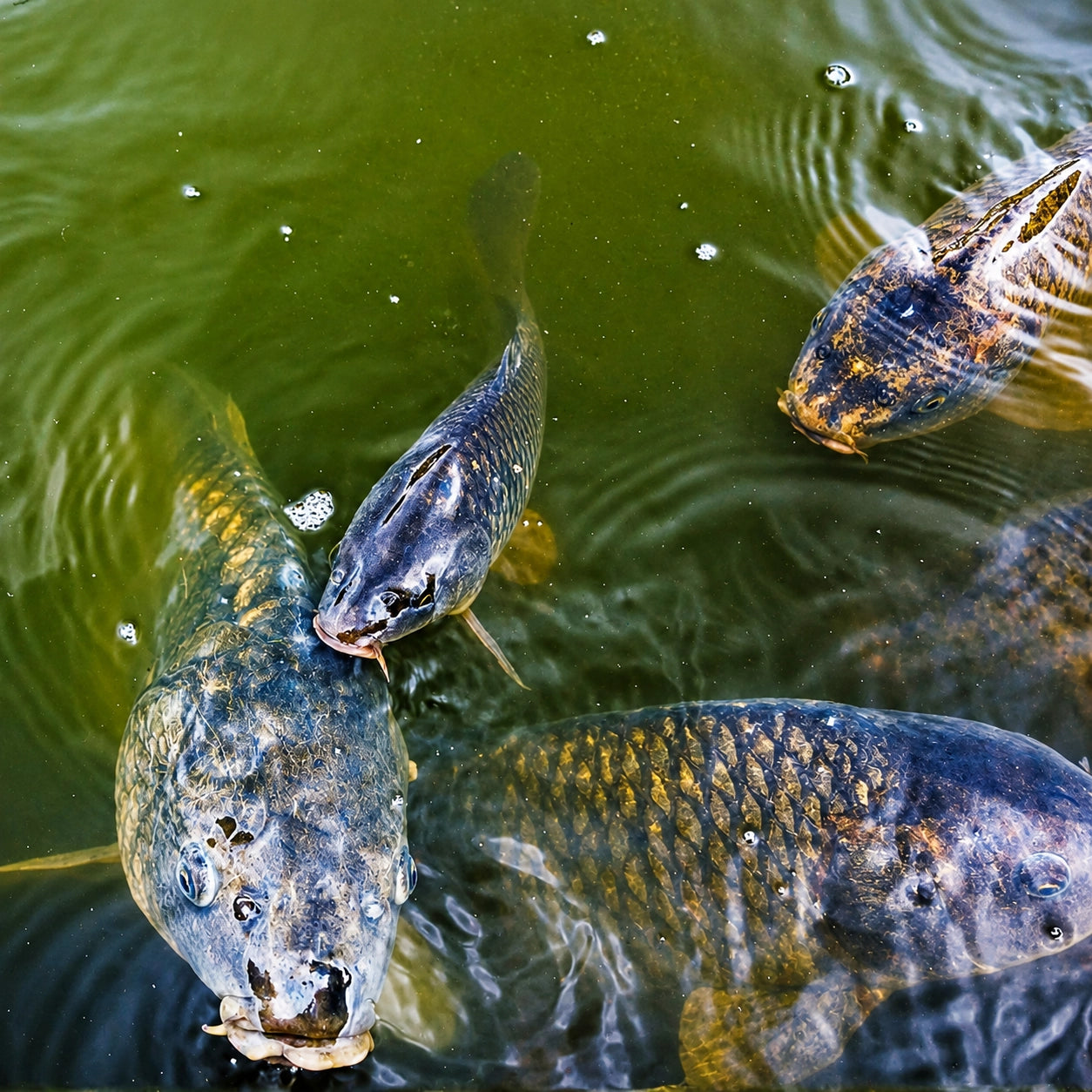 Groupe de carpes nageant en eau claire, image évoquant l'introduction du cyprinidé en Europe par les Romains