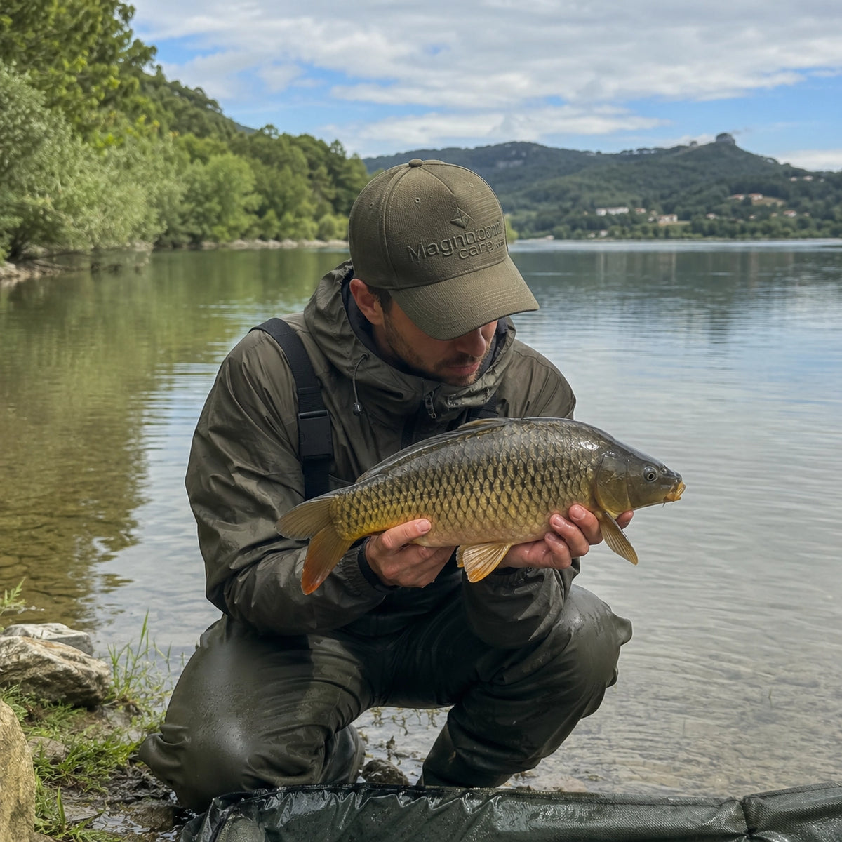 Pêcheur agenouillé sur son tapis de réception présentant une carpe commune au bord d'un lac des Alpes-Maritimes