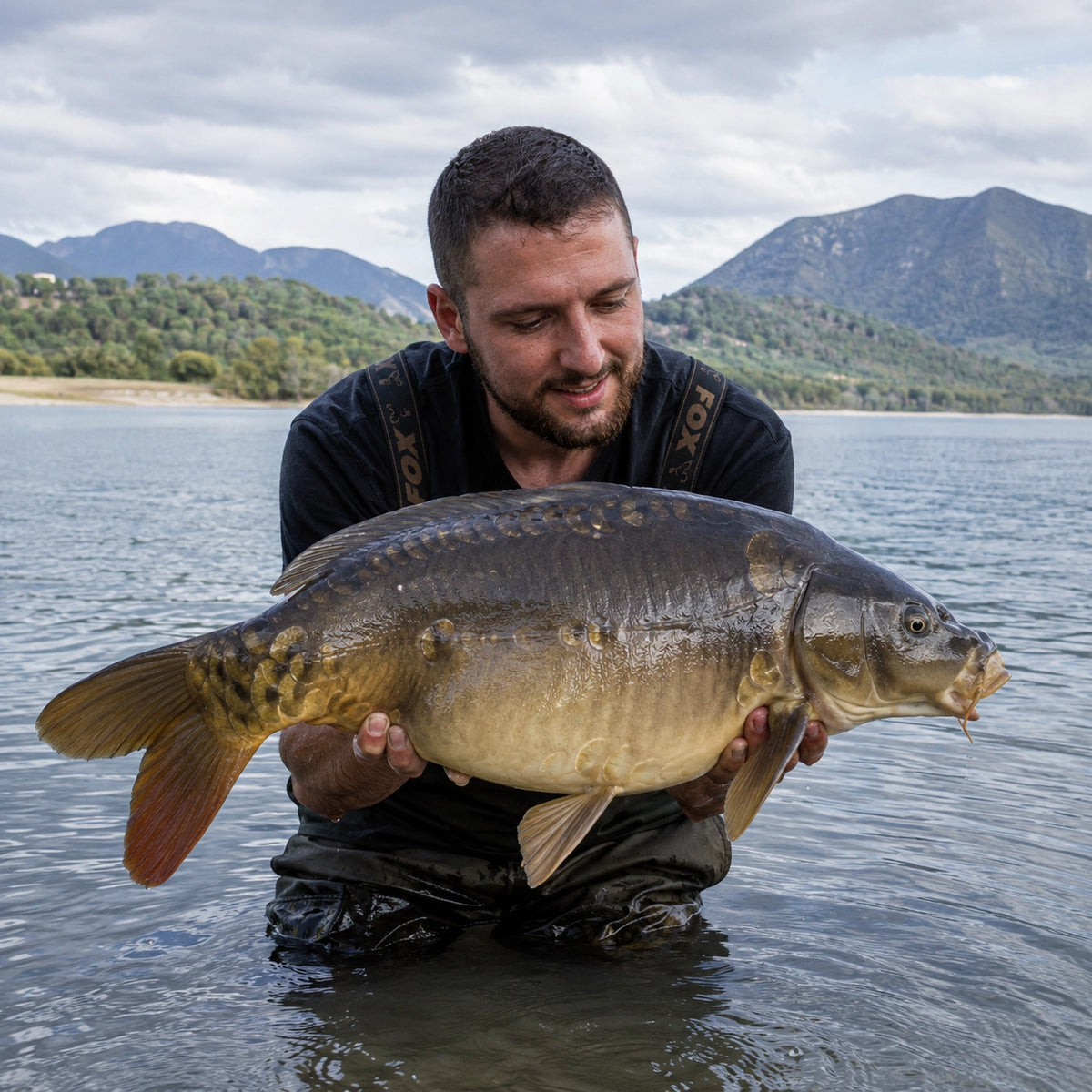 Carpiste dans l'eau tenant une carpe miroir devant un lac entouré de montagnes