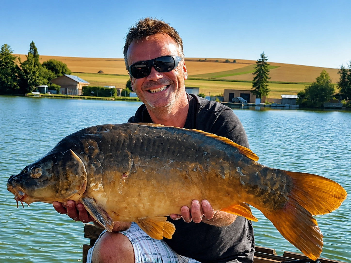 Carpiste souriant avec une carpe miroir pêchée en plan d'eau de campagne