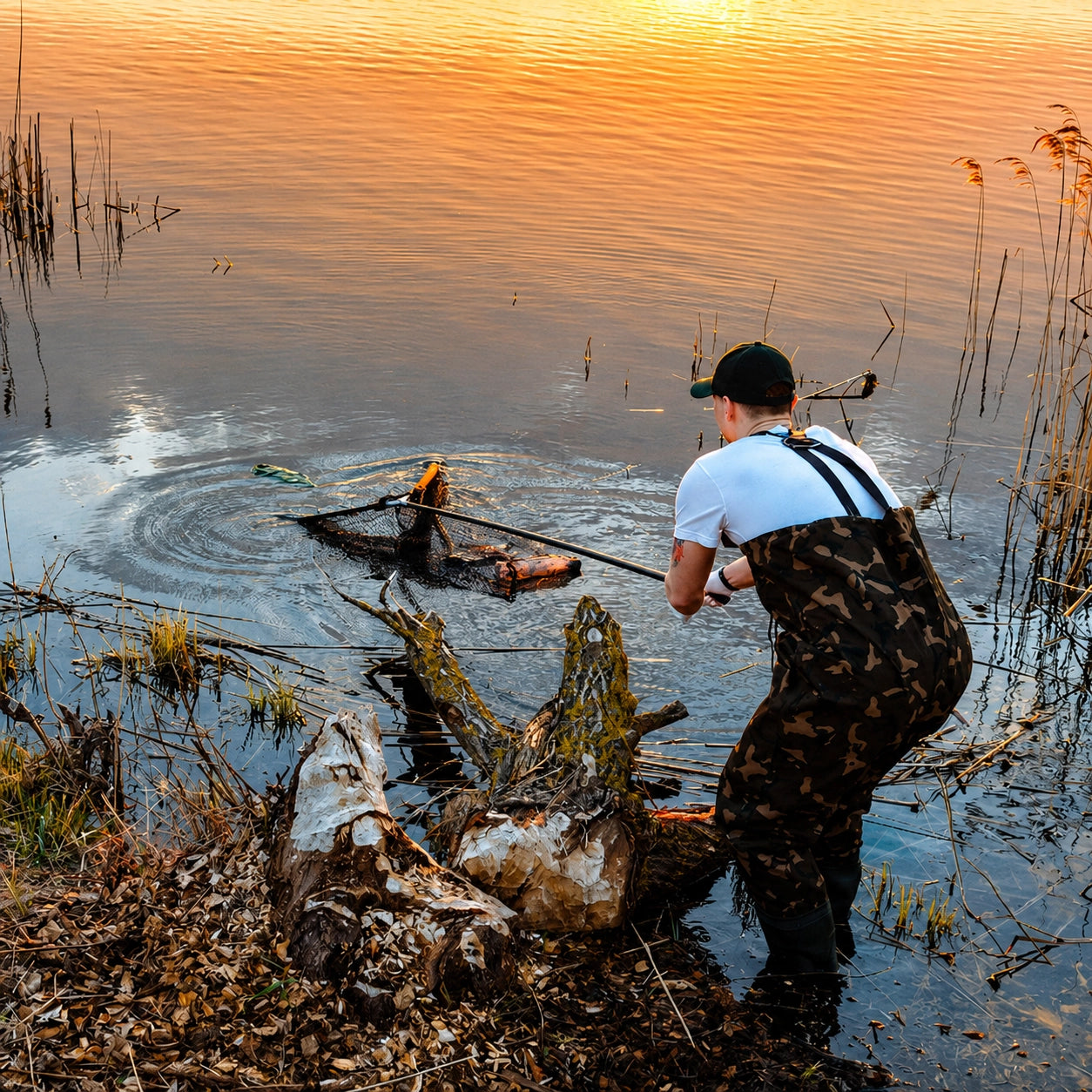 Carpiste en waders et combinaison camouflage épuisant une carpe à l'aide d'une grande épuisette au crépuscule, moment du combat et de la récupération du poisson