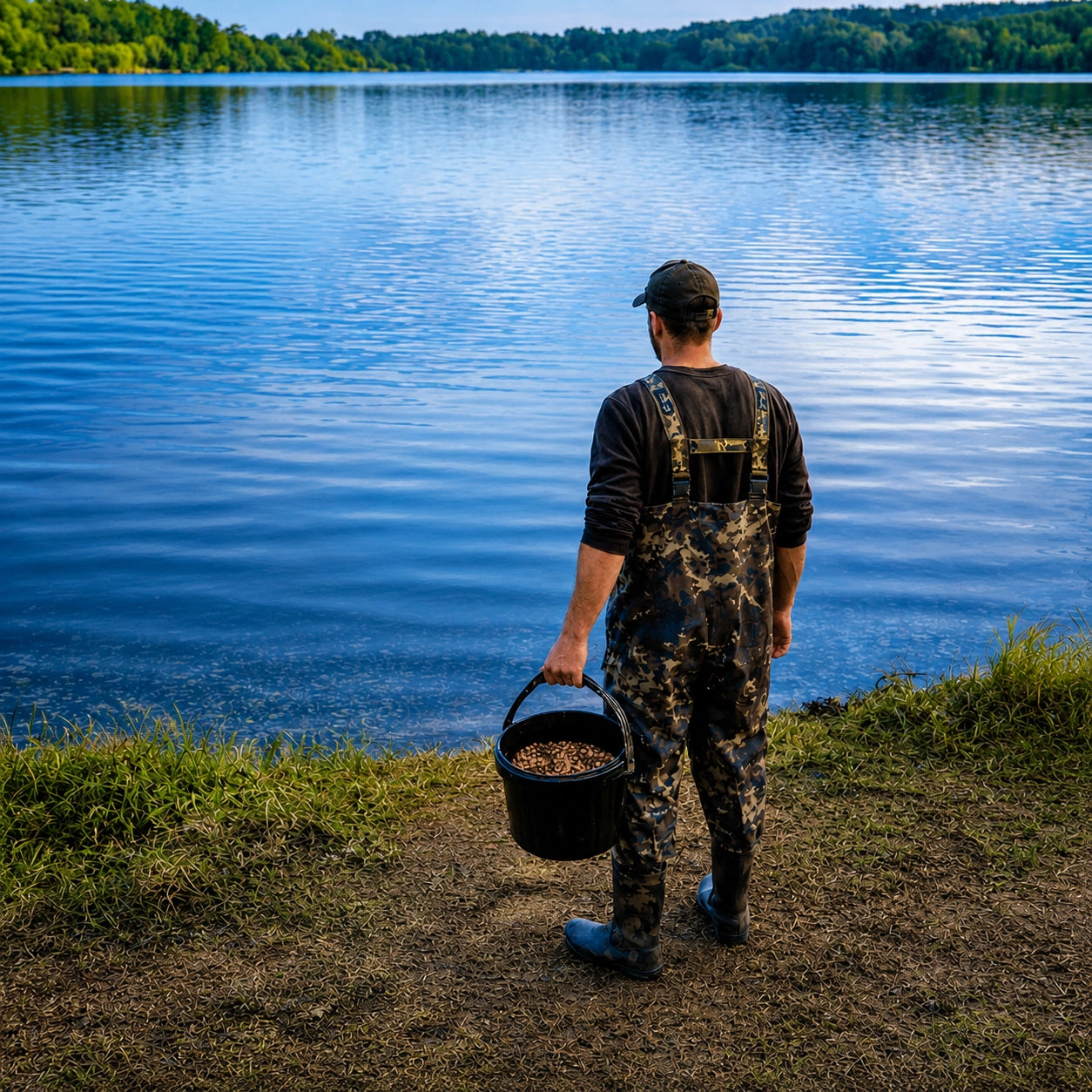 Carpiste en waders portant un seau d'appâts au bord d'un étang