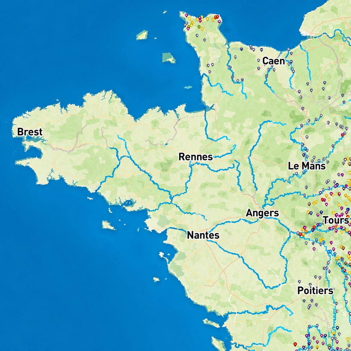 Carte interactive halieutique montrant les plans d'eau et parcours de pêche répertoriés par région