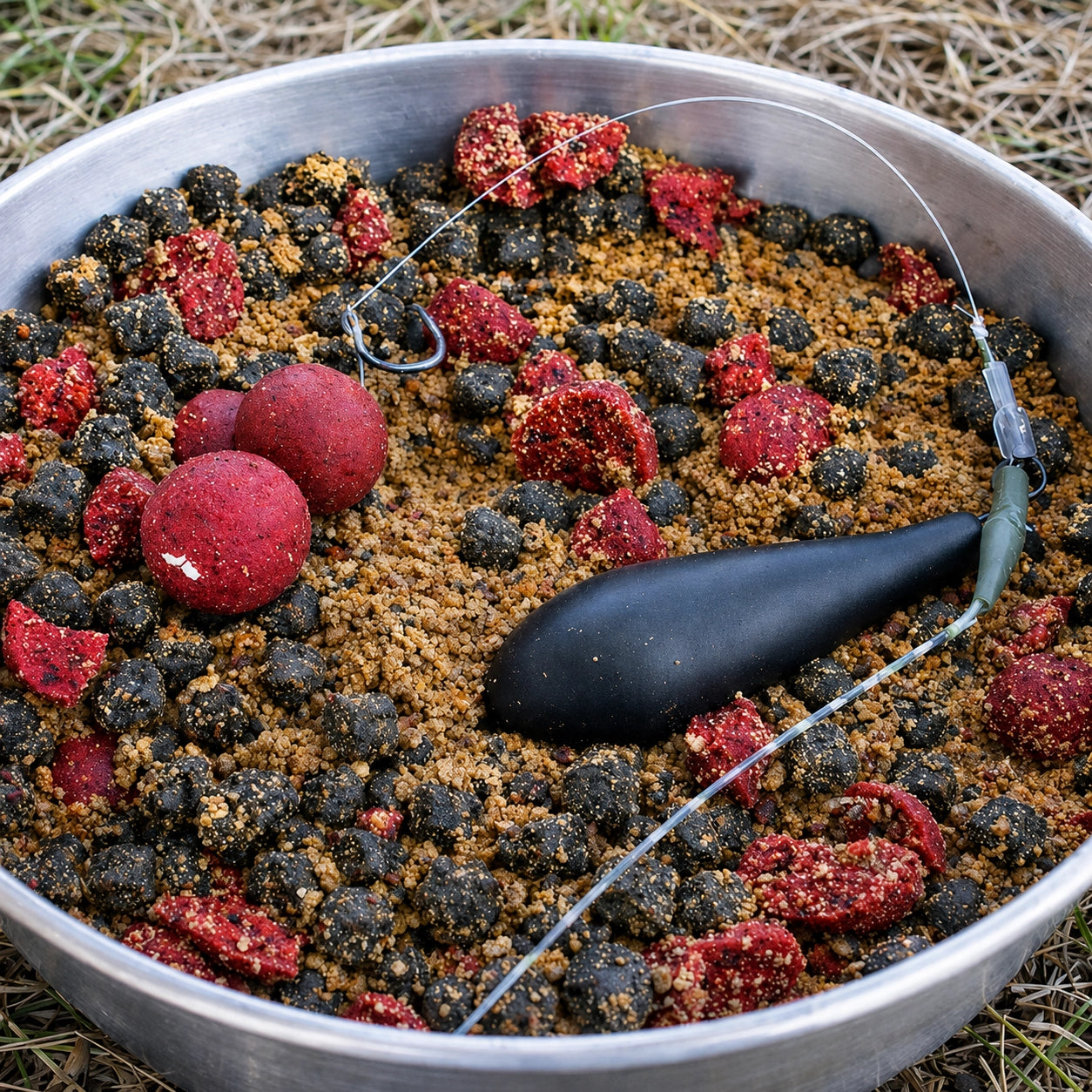 Composants d'un montage carpe complet avec plomb hameçon et bouillettes dans une gamelle d'amorce
