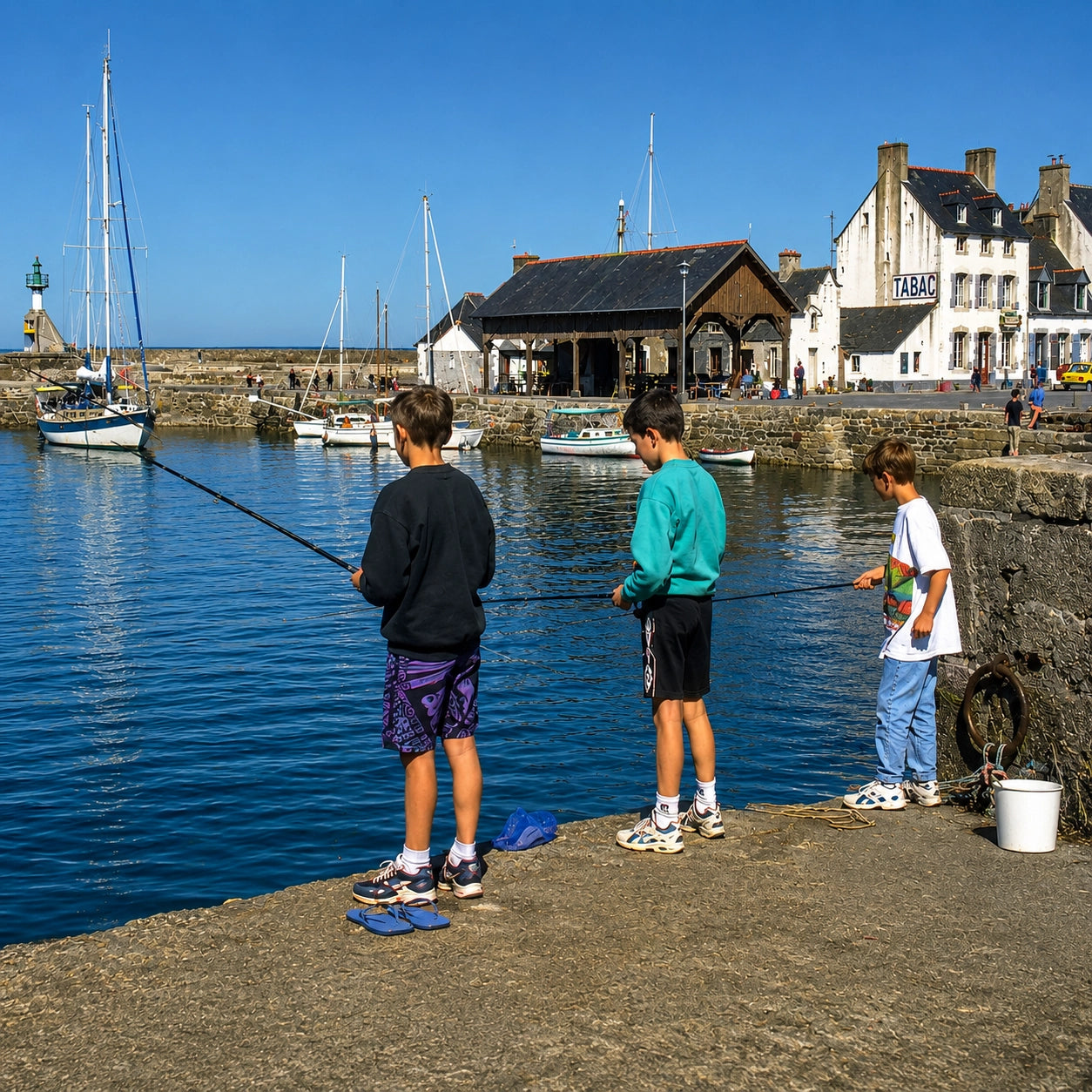 Trois enfants pêchant sur un quai de port breton, début de la passion pêche