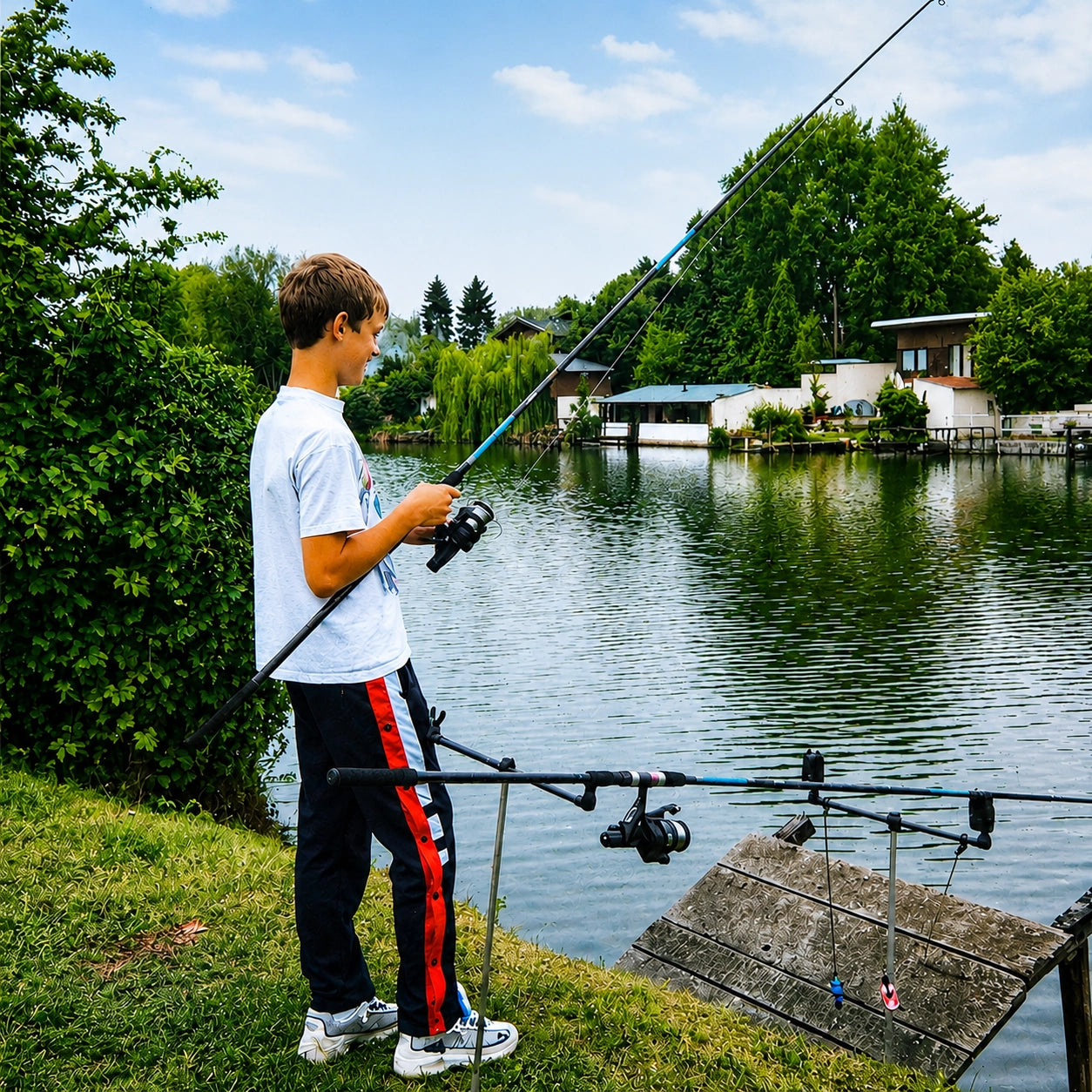 Jeune pêcheur débutant à la carpe sur un étang communal, canne en main et rod pod