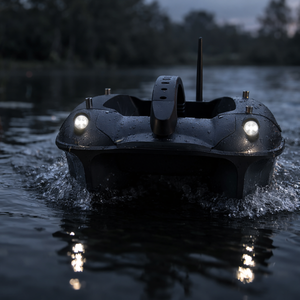 Bateau amorceur Deeper Quest naviguant de nuit avec ses phares LED allumés
