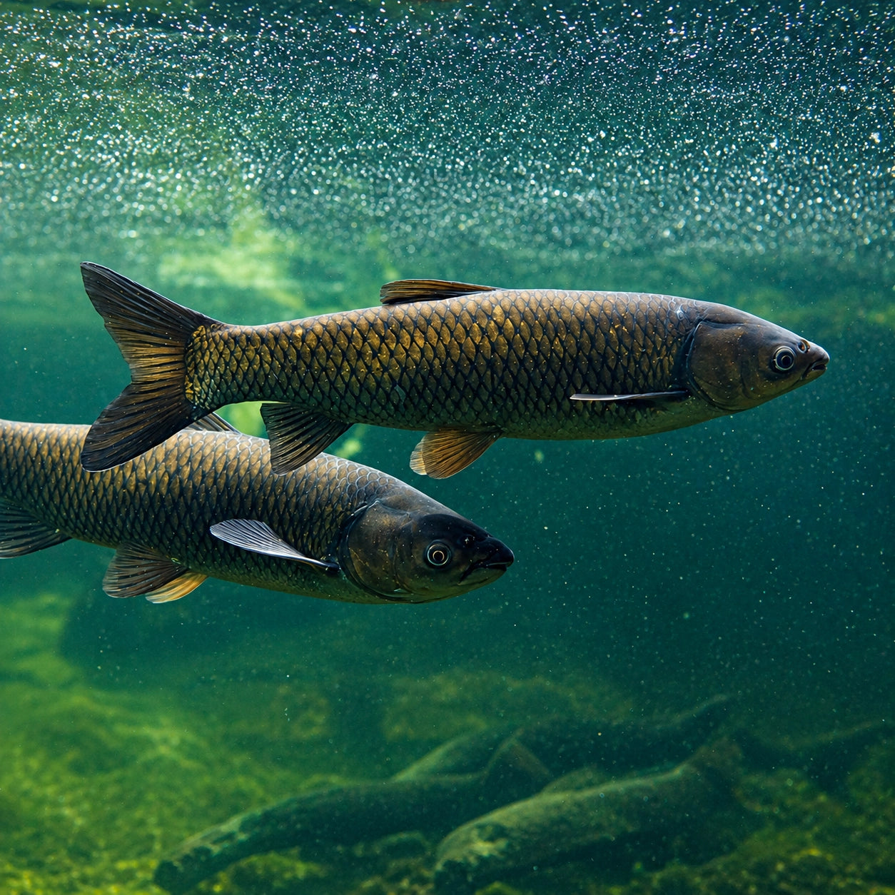 Deux carpes amour nageant côte à côte sous l'eau, montrant leur morphologie allongée et leurs écailles