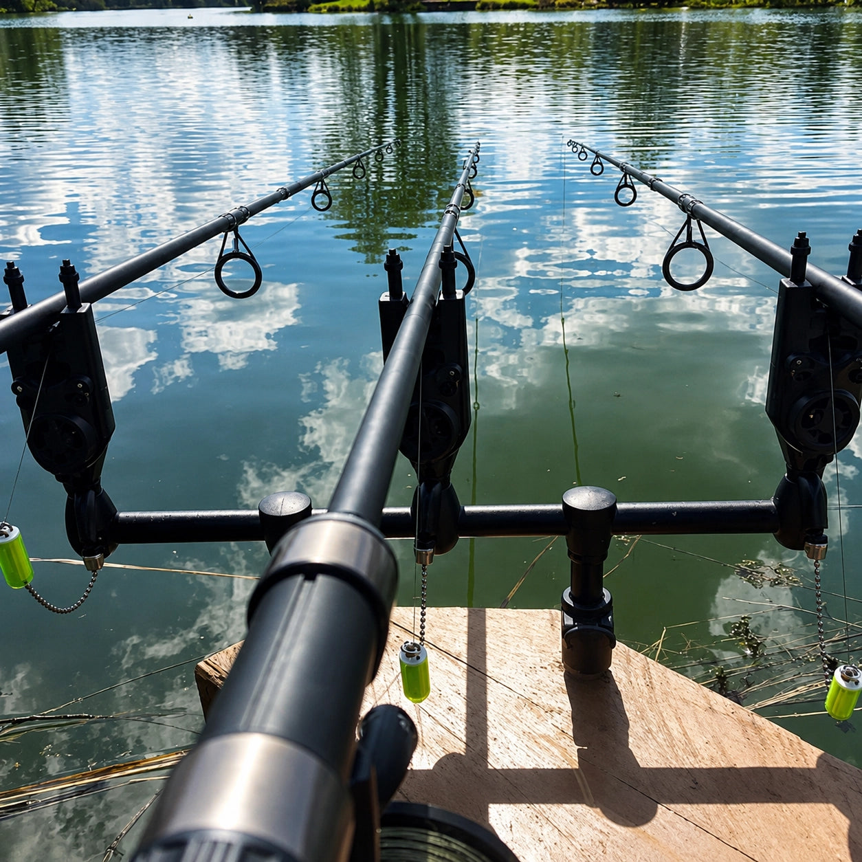 Trois cannes à carpe sur rod-pod en bordure d'un domaine privé, dispositif typique d'une session payante