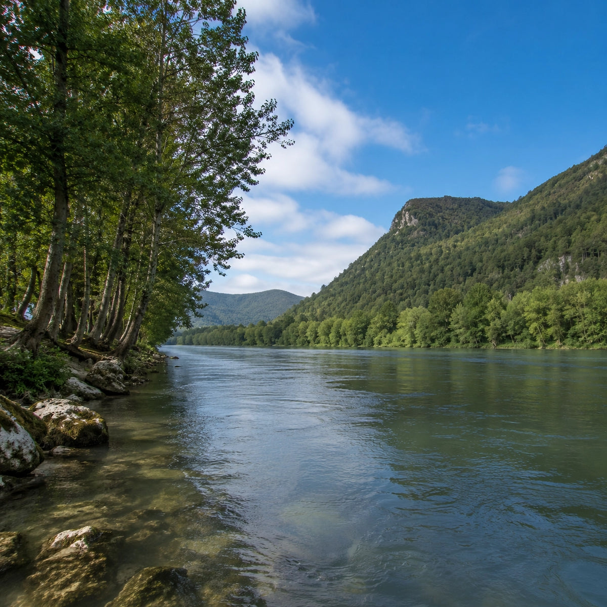 Le Doubs moyen, eau de deuxième catégorie sinueuse au pied des reliefs