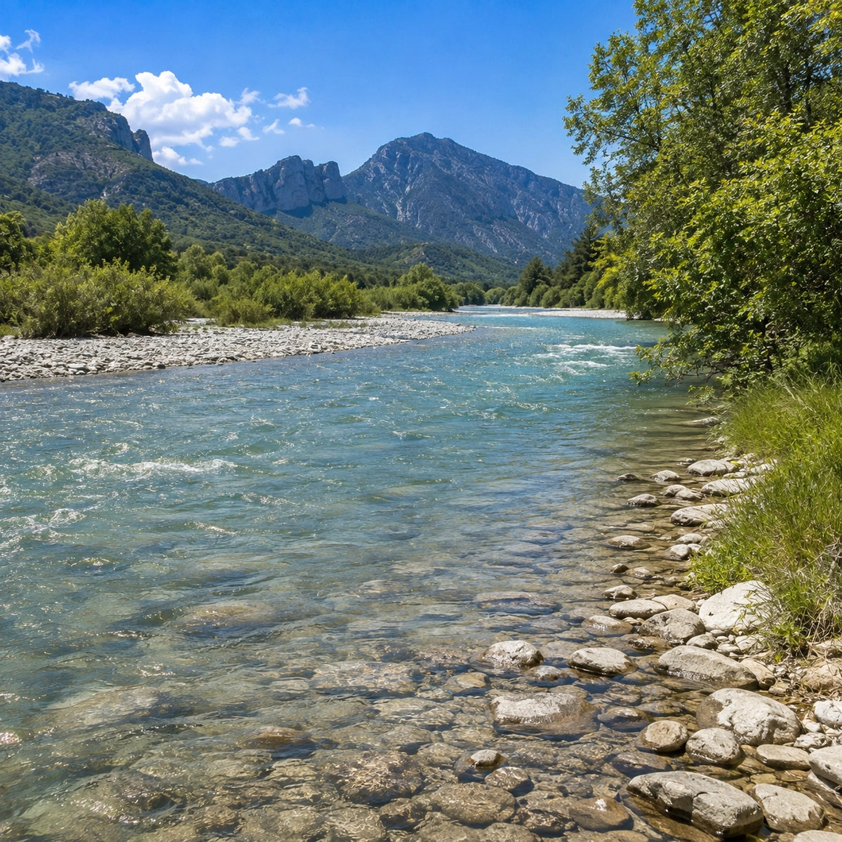 Rivière Durance aux bancs de galets sous la montagne, secteur carpe et silure