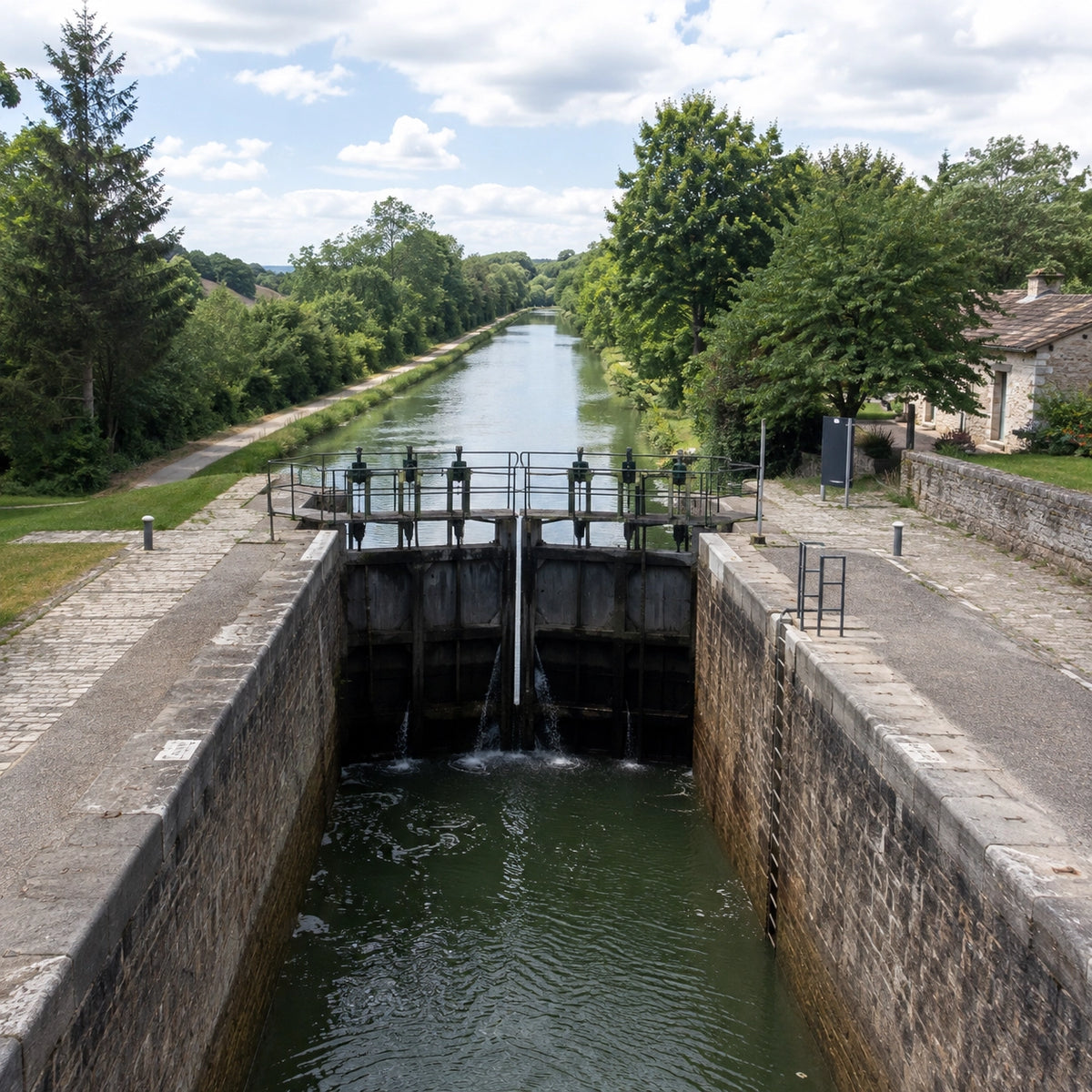 Écluse du canal de Bourgogne en Côte-d'Or, zone classée en réserve de pêche sas compris