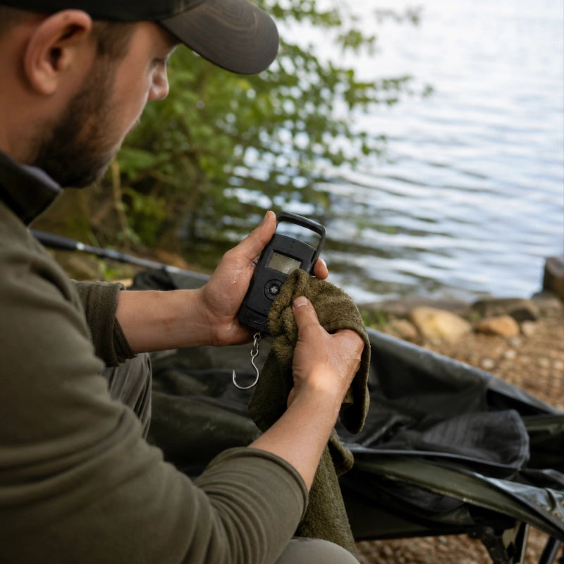 Pêcheur essuyant son peson digital carpe après une pesée