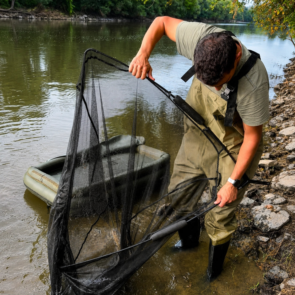 Carpiste en waders dépliant sa grande épuisette au bord de la rivière