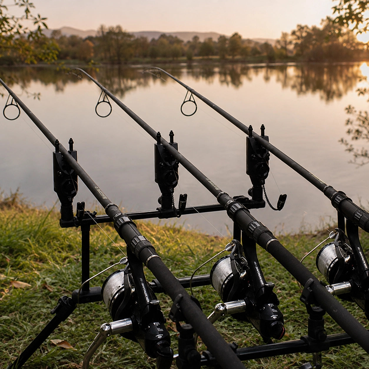 Trois cannes à carpe sur rod pod au bord d'un lac au lever du jour, bobines garnies de fil