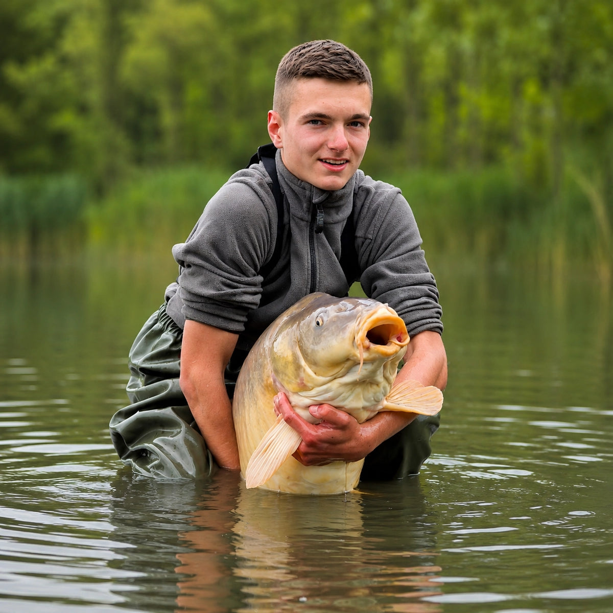 Jeune pêcheur en waders tenant une carpe miroir dans l'eau à l'Étang du Vivier