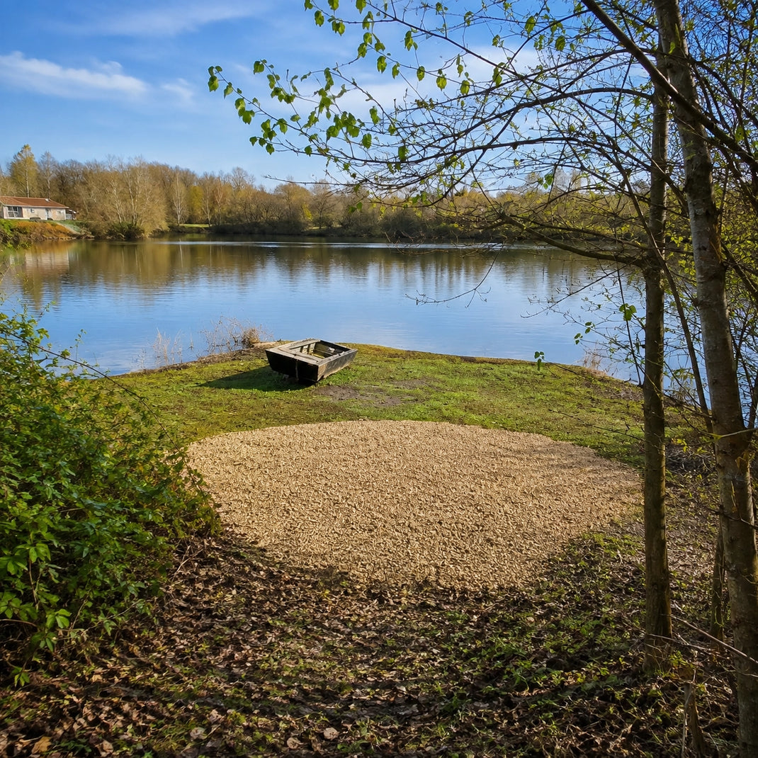 Poste L'Île des 2 eaux à l'Étang du Vivier, presqu'île gravillonnée bordée d'arbres