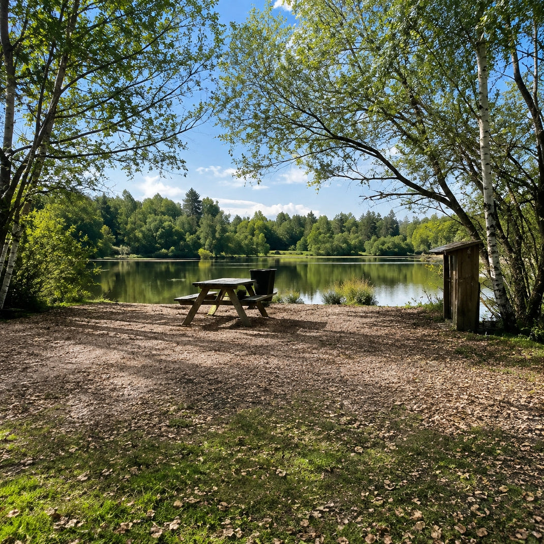Poste La Plage à l'Étang du Vivier, table de pique-nique et brasero face au plan d'eau