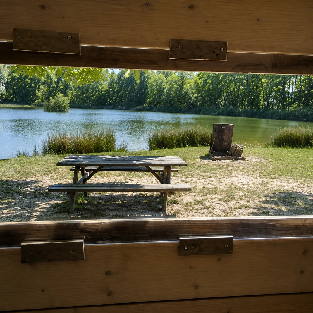 Poste Les Catalpas à l'Étang du Vivier, aire ombragée avec table et vue sur l'eau