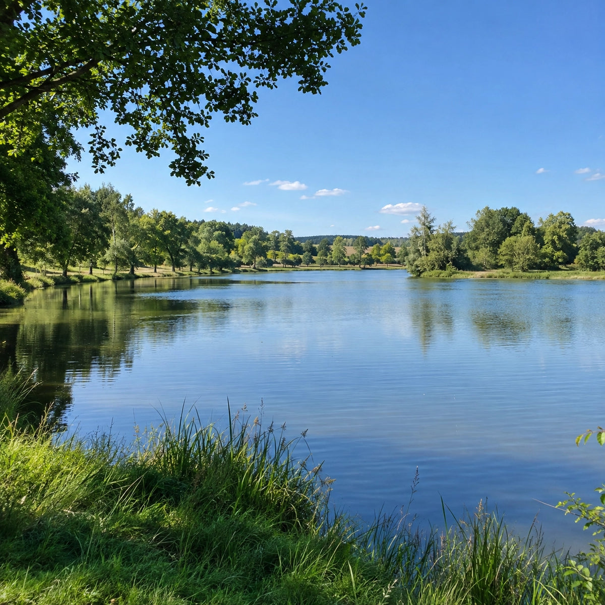 Étang de Goule à Valigny au crépuscule, parcours ouvert à la carpe de nuit
