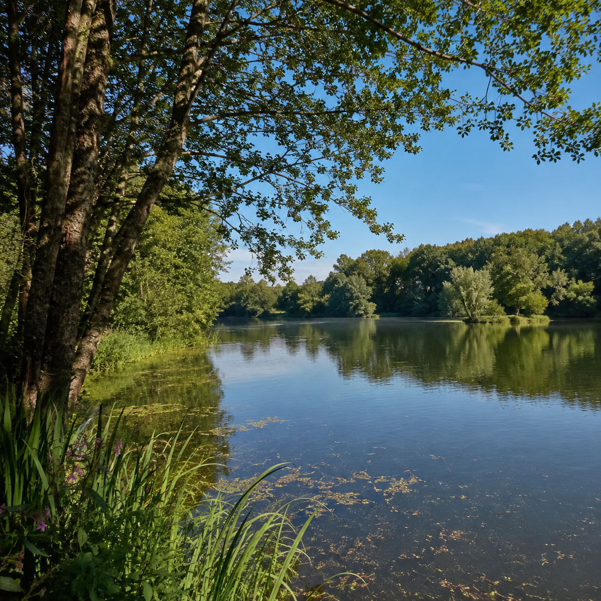 Étang privé bordé d'arbres et de roseaux en Charente, plan d'eau dédié à la pêche de la carpe