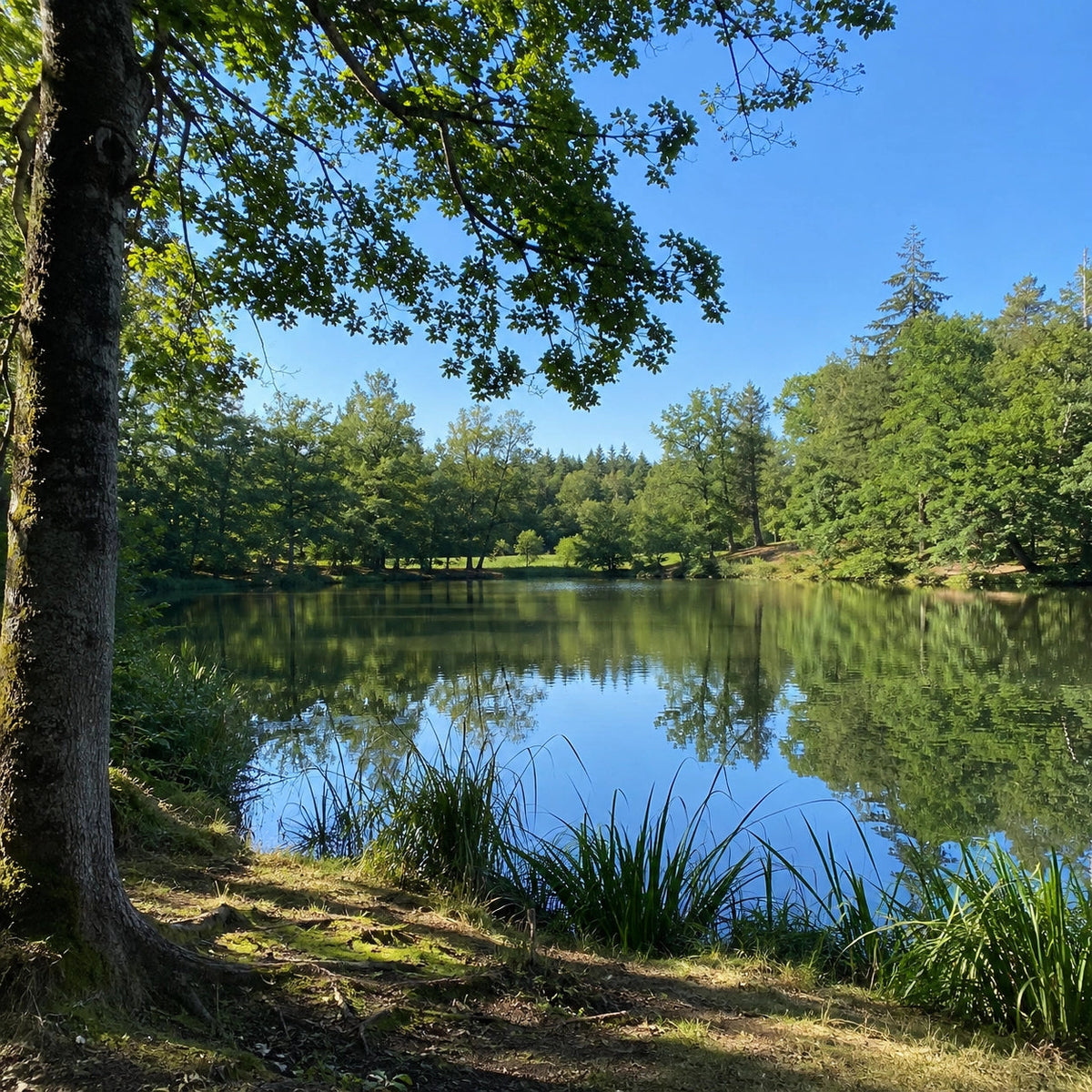 Étang de la forêt de Tronçais dans l'Allier, chênaie propice à la carpe