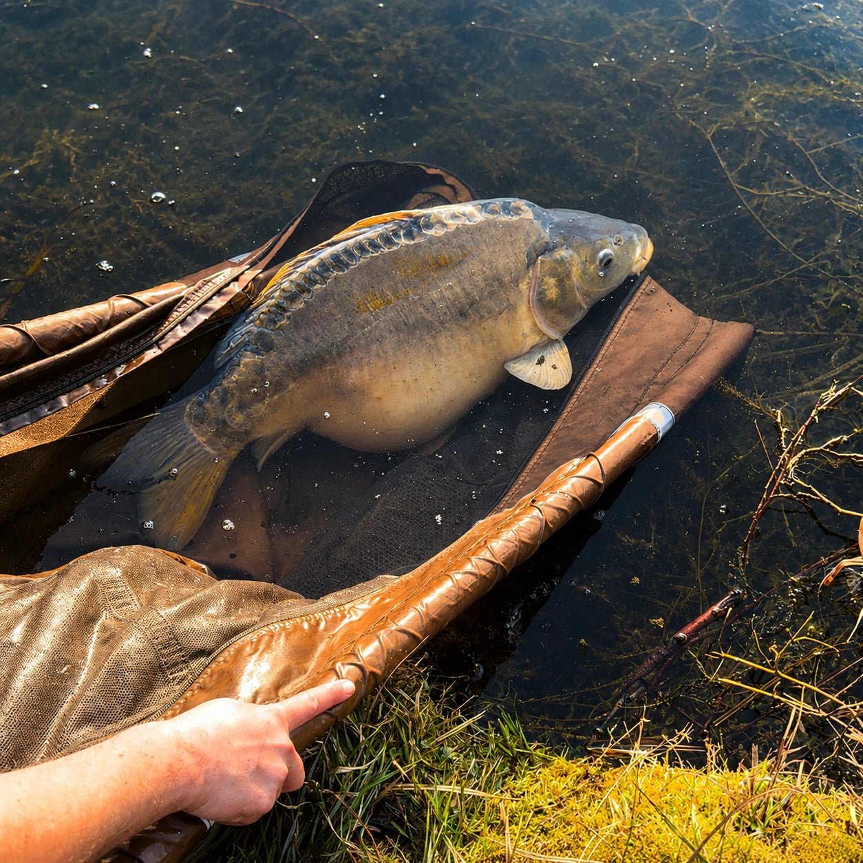 Carpe miroir remise à l'eau depuis une épuisette après capture en no-kill
