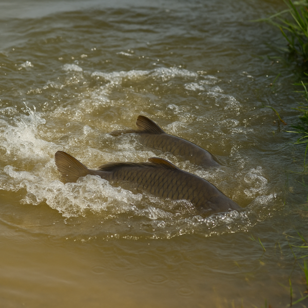 Deux carpes communes en plein frai dans une zone peu profonde avec éclaboussures