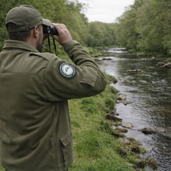 Garde-pêche assermenté observant une rivière lors d'un contrôle de pêche