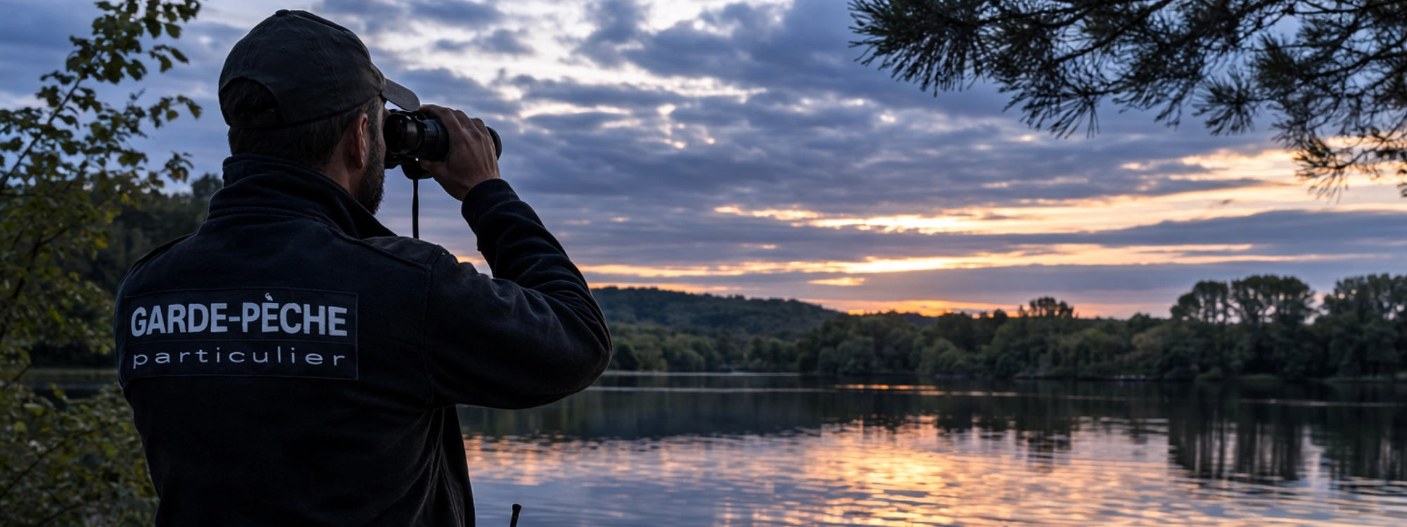 Garde-pêche particulier en surveillance au bord d'un lac au coucher de soleil