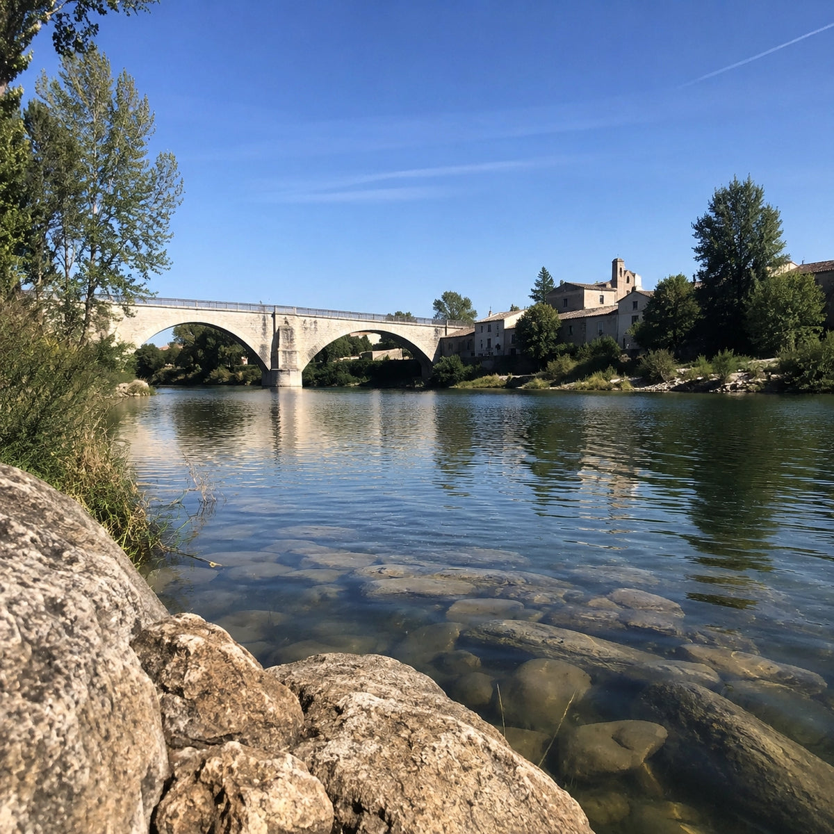 Le Gardon aux eaux claires devant un pont et un village perché