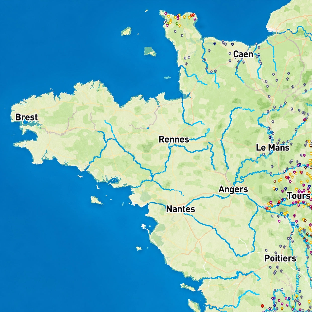 Capture de la carte interactive Geopeche affichant les plans d'eau et parcours de pêche dans le grand ouest