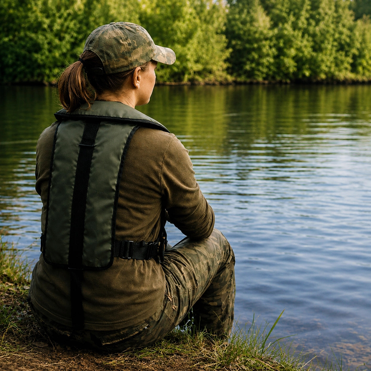 Pêcheuse assise au bord de l'eau portant un gilet de flottabilité