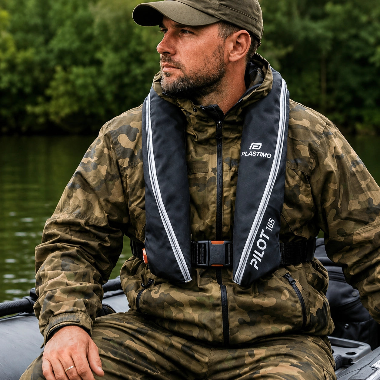Carpiste en session avec gilet gonflable ajusté et ceinture bouclée